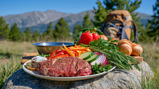 Flat rock beside a forest trail covered with camping food ingredients, seasoned meat, sliced vegetables, salt, pepper, herbs and a metal bowl, hiking backpack and mountain scenery softly blurred beh