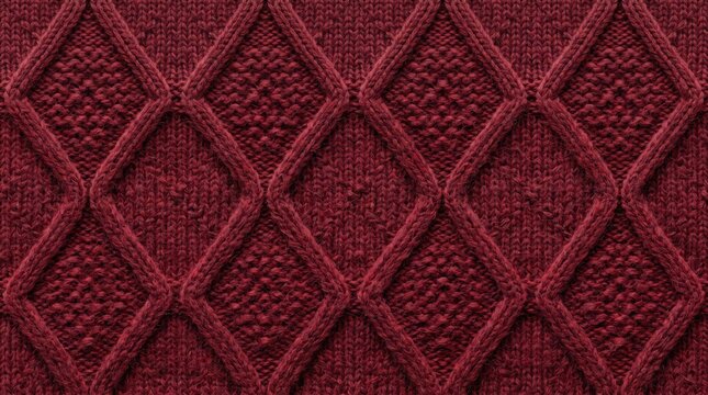 Close up of a deep red knitted fabric with a diamond pattern and textured fill during even lighting for cozy winter apparel design