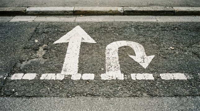 Street surface with arrow and u turn road markings