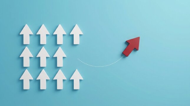 Red arrow standing out from a group of white arrows