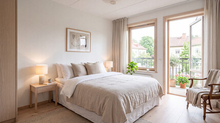 Fototapeta premium Sunlit Linen Bedroom with Open Balcony Door
