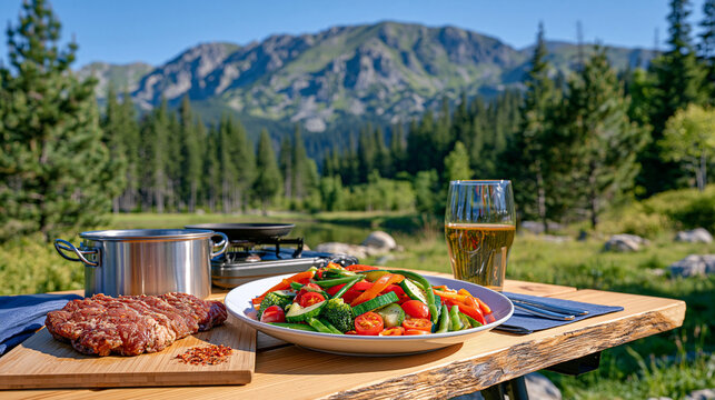 Outdoor cooking scene with sliced meat, vegetables and spices prepared on a rustic wooden camping table, metal pot and portable stove nearby, pine forest and dramatic mountain ridge behind, late aft