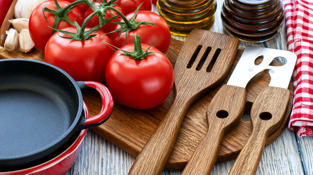 Kitchen utensils including cast iron pan and wooden spatula with ripe tomatoes