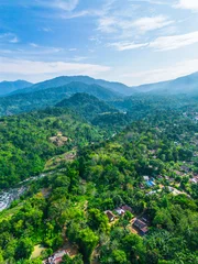Fototapete Grün Aerial view of the lush green Jatiluwih rice terraces featuring intricate water-filled paddies, tropical vegetation, and distant volcanic mountains in Penebel, Bali, Indonesia  © rahmadhimawan
