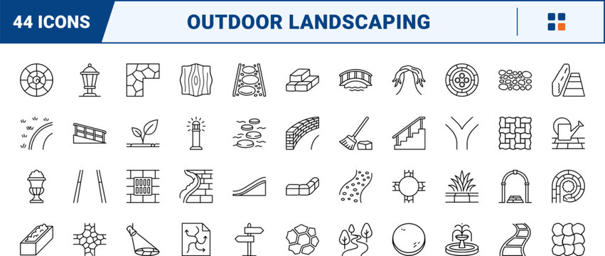 Garden Venue Path line icon set. Vector pictograms of landscape, walkway, paving, and stone elements, thin linear illustration.