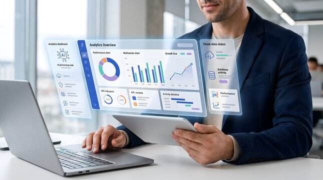 Business intelligence and financial analytics dashboard providing corporate performance tracking and data visualization for strategic growth