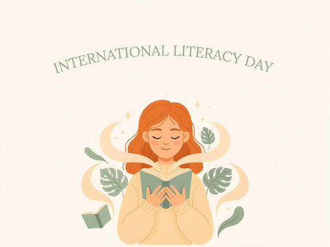 International literacy day illustration with a young woman reading a book surrounded by leaves and decorative elements literacy education learning illustration