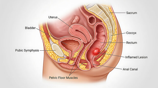 Female pelvic anatomy with inflamed lesion, sagittal view