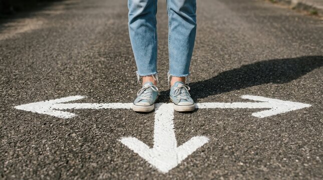 Person standing at a threeway road junction with painted arrows