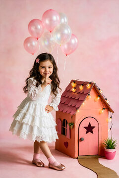 Adorable little girl in white lace dress with pink balloons. Child playing by cardboard playhouse. Whimsical birthday party celebration.