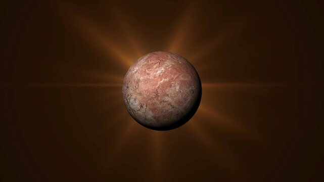 Dwarf planet Makemake in deep space with glowing light rays and dark background.