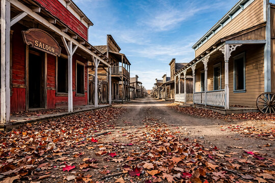 Vintage wild west town street with wooden saloon. Abandoned western ghost town buildings. Rustic frontier village landscape.