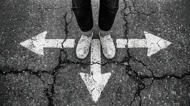 Person standing at a threeway junction on cracked asphalt