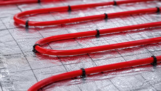 Red underfloor heating pipes installed on reflective foil insulation. Hydronic radiant floor heating system for energy efficient home warmth. Construction and thermal comfort technology
