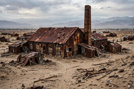 Abandoned rusty industrial building in desert, weathered ghost town factory with brick chimney, derelict mining ruins