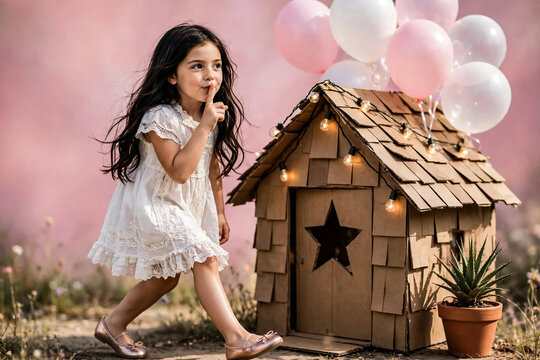 Whimsical little girl playing by cardboard playhouse, child in white dress with pink balloons, magical outdoor childhood fantasy scene