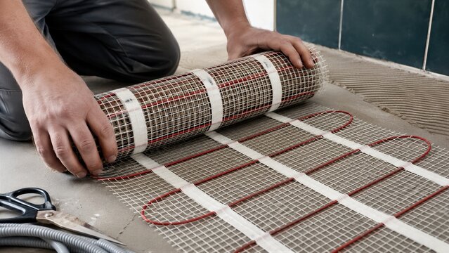 Man installer rolling out electric underfloor heating mat on concrete floor. Warm floor heating system installation and energy efficient home renovation concept