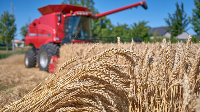 Close view of a combine harvester header moving through dense wheat, individual grain stalks bending and disappearing beneath the cutting mechanism, fine dust and chaff floating in warm sunlight, de