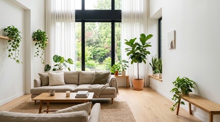 Fototapeta premium Bright minimalist living room with plants