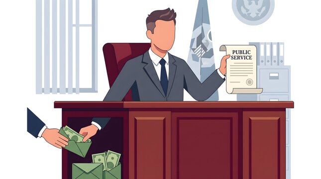 Corrupt government official receiving bribe money under desk while holding public service document, concept vector illustration of bribery, corruption, financial crime and dishonest politics.