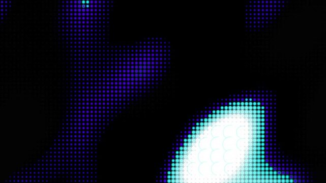 Abstract digital halftone pattern with glowing purple and cyan dots creating a futuristic tech background, featuring vibrant dotted gradients and light effects