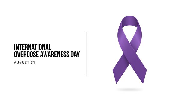 International overdose awareness day poster with purple ribbon symbol, overdose
