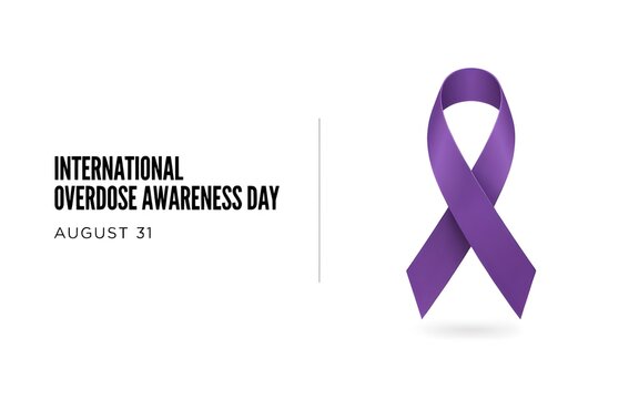 International overdose awareness day poster with purple ribbon symbol, overdose