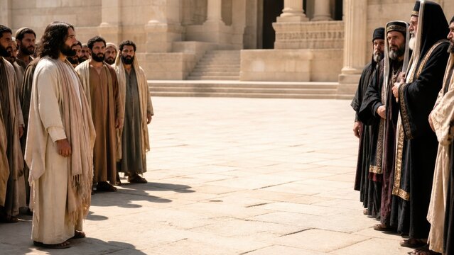 Man portraying Jesus confronting chief priests and scribes in temple courtyard. Question of authority and challenge of religious leaders. Biblical gospel scene from Luke for religious education