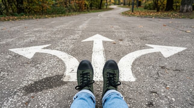 Person standing at a crossroads with three directional choices