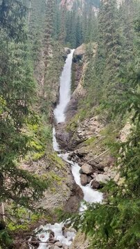 The Bars Tears Waterfall is the most famous waterfall in the Barskoon Gorge, Issyk Kul Kyrgyzstan