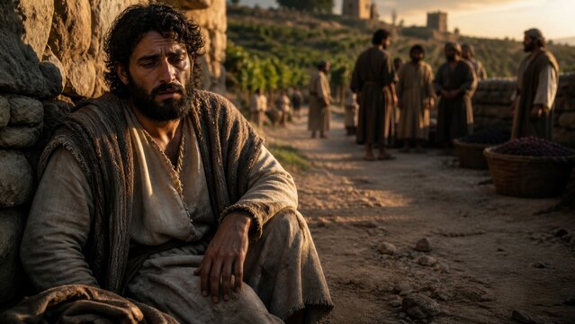 Wounded man sitting by stone wall after beating in vineyard. Rejected servant from biblical parable of wicked tenants. Suffering, injustice and faith concept for religious illustration