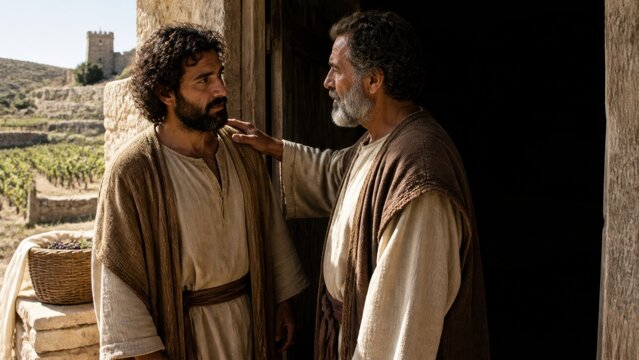 Older master sending his beloved son to vineyard tenants. Biblical parable of wicked husbandmen and rejected heir from gospel of Luke. Christian faith and stewardship concept
