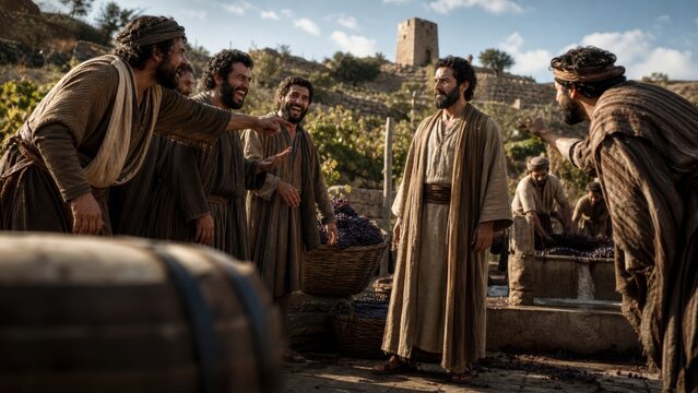 Wicked tenant man mocking and rejecting servant sent for vineyard fruit in biblical parable. Conflict betrayal and stewardship failure concept. Religious teaching illustration for scripture study