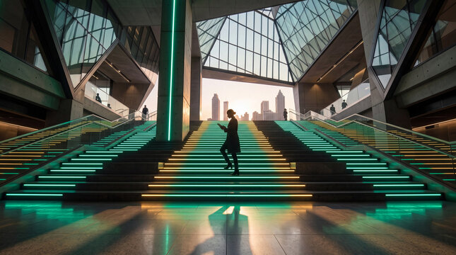 Businesswoman Walking Up Illuminated Modern Corporate Stairs