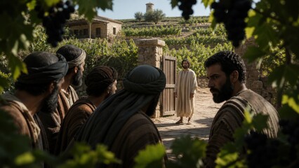 Naklejka premium Wicked tenant farmers conspiring in vineyard as beloved son of owner arrives at gate. Biblical parable of rejected heir, betrayal and divine judgment concept for religious teaching
