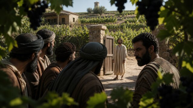 Wicked tenant farmers conspiring in vineyard as beloved son of owner arrives at gate. Biblical parable of rejected heir, betrayal and divine judgment concept for religious teaching