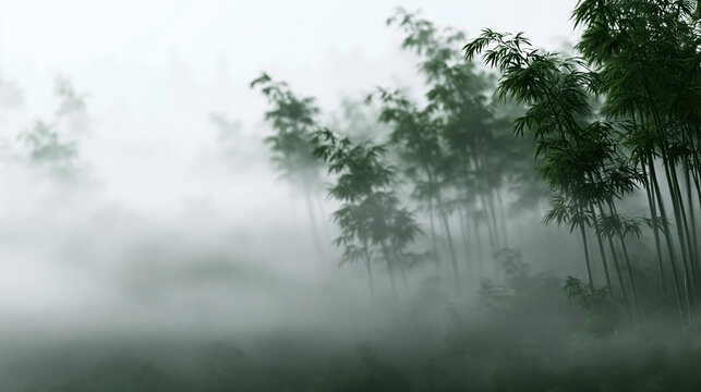 Misty Bamboo Forest in Morning Fog Landscape