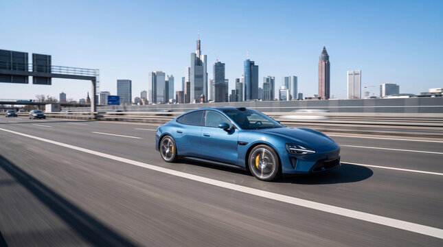 Modern Blue Electric Car Driving on Urban Highway
