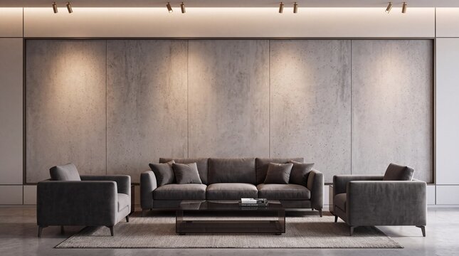 Modern Minimalist Living Room with Grey Sofa and Concrete Wall