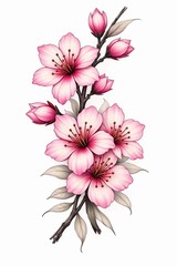 Obraz premium Pink cherry blossom flower branch illustration, elegant blooming sakura floral element isolated on white background, AI generated.