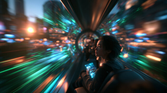 Woman Commuting in High Speed Futuristic Transit Pod