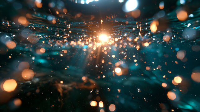 Sunlight Penetrating Underwater with Glittering Bokeh