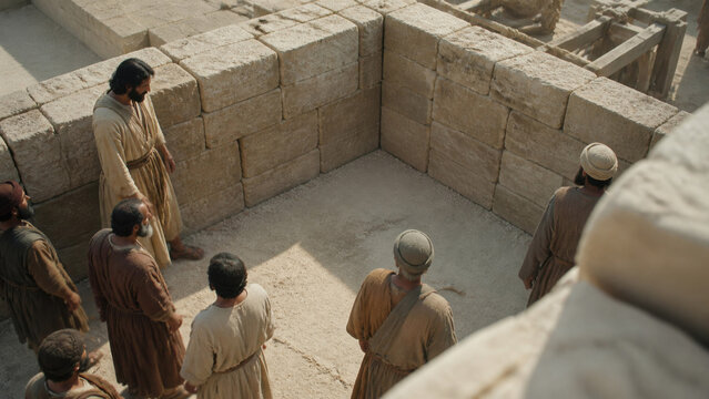 Group of builders examining stone walls with man standing apart. Biblical parable of rejected stone becoming cornerstone. Faith, prophecy and foundation concept for religious teaching