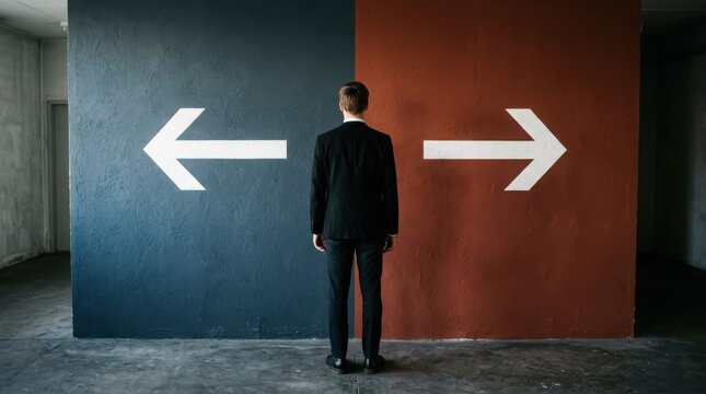 Businessman standing in front of a wall with two arrows