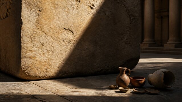 Large ancient cornerstone stone casting shadow over small clay vessels on temple courtyard floor. Rejected stone biblical parable and prophecy concept