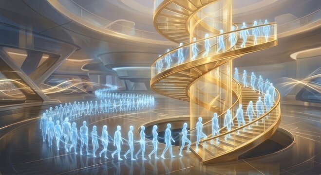 "Futuristic golden spiral staircase with glowing blue hologram crowd, digital transformation and human progress concept in bright modern hall."