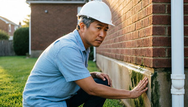 Home inspector examining damp foundation wall of brick house