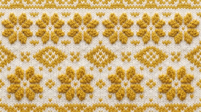 Nordic Fair Isle knit pattern with golden floral and diamond motifs on white wool