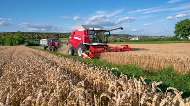 Autumn harvest operation with a combine harvester moving through golden wheat while a tractor with a large grain trailer follows along a neighboring row, dust trails crossing the field, distant fore