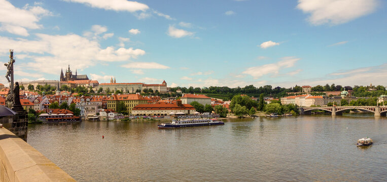 Panoramic view of Prague Castle and Vltava River from Charles Bridge